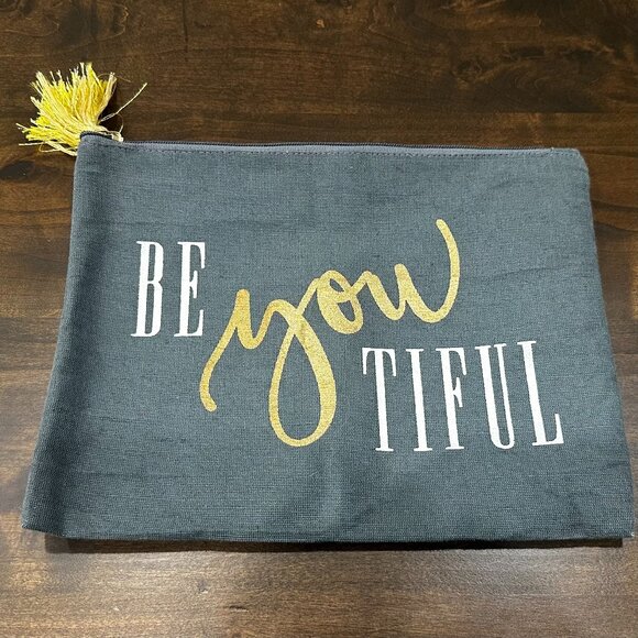 Mud Pie Handbags - Mud Pie - BeYouTiful Canvas Cosmetic Bag/Pouch - Gray with Yellow Tassel